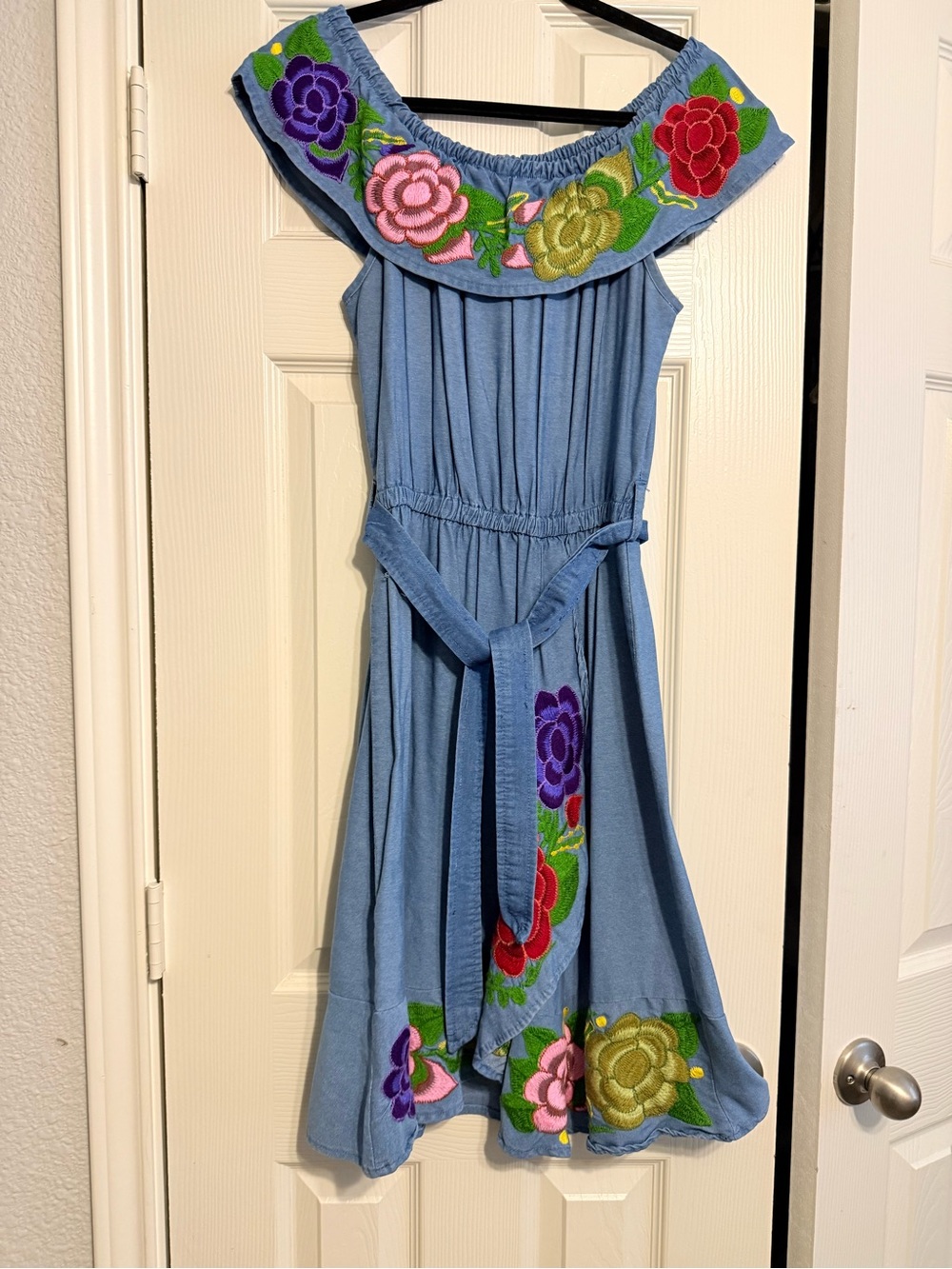 Blue Floral Off-Shoulder  Dress with Belt